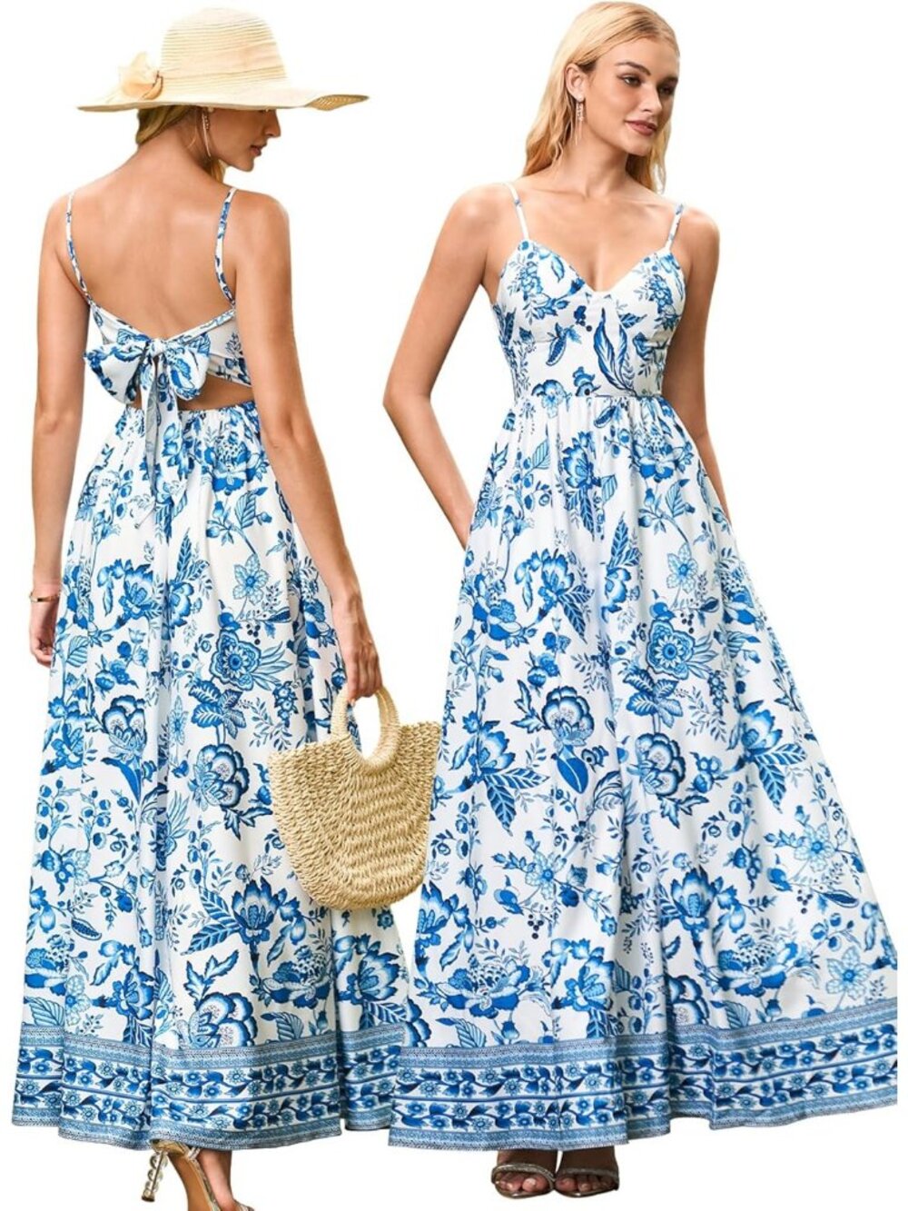 Women's Blue Print Boho Floral Maxi V-Neck Backless Tie Strap Flowy Sundress